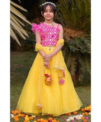 pink and lemon hand embroidered  mirror work lehenga 1
