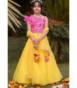 pink and lemon hand embroidered  mirror work lehenga