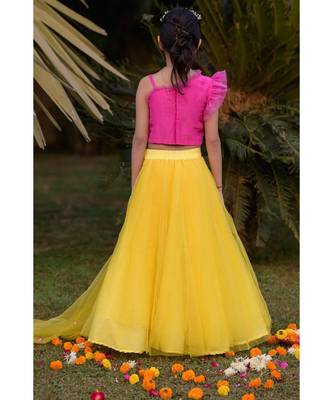 pink and lemon hand embroidered  mirror work lehenga 3