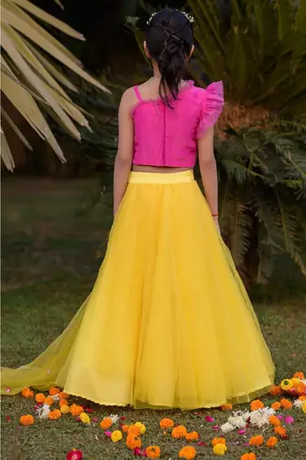 pink and lemon hand embroidered  mirror work lehenga