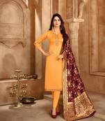 Mustard & Maroon Satin Georgette Embroidered Dress Material With Banarasi Dupatta