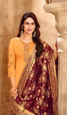 Mustard & Maroon Satin Georgette Embroidered Dress Material With Banarasi Dupatta 2