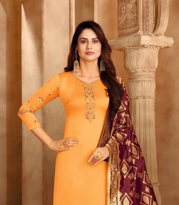 Mustard & Maroon Satin Georgette Embroidered Dress Material With Banarasi Dupatta 3