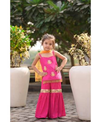 magenta hand embroidered lotus motif sharara kurta 1