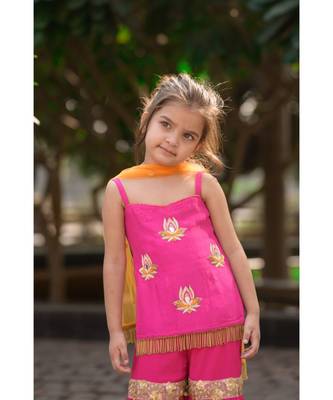 magenta hand embroidered lotus motif sharara kurta 3