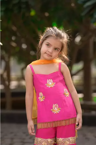 magenta hand embroidered lotus motif sharara kurta