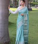 Sky blue woven silk saree with blouse
