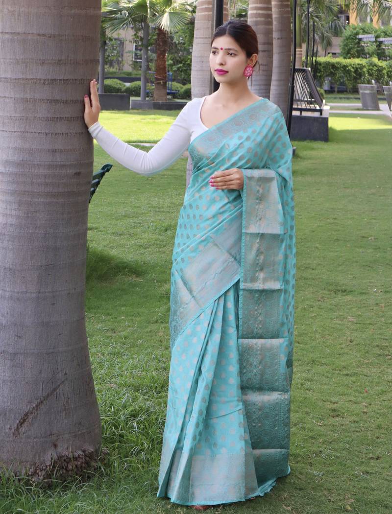 Sky blue woven silk saree with blouse