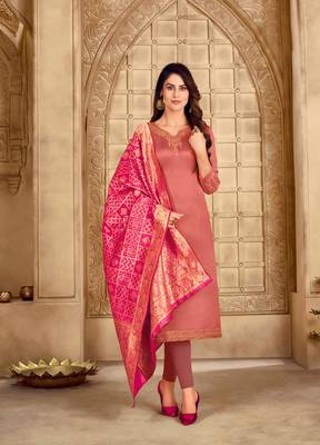 Coral & Pink Satin Georgette Embroidered Dress Material With Banarasi Dupatta 1