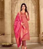 Coral & Pink Satin Georgette Embroidered Dress Material With Banarasi Dupatta