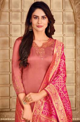 Coral & Pink Satin Georgette Embroidered Dress Material With Banarasi Dupatta 2