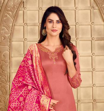 Coral & Pink Satin Georgette Embroidered Dress Material With Banarasi Dupatta 3