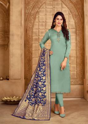 Sea Green & Navy Blue Satin Georgette Embroidered Dress Material With Banarasi Dupatta 1