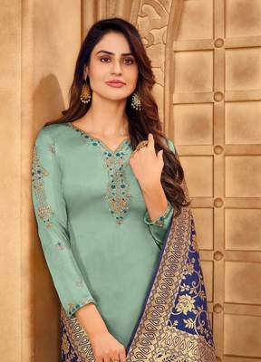 Sea Green & Navy Blue Satin Georgette Embroidered Dress Material With Banarasi Dupatta 2