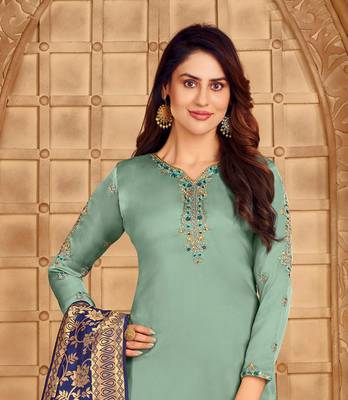 Sea Green & Navy Blue Satin Georgette Embroidered Dress Material With Banarasi Dupatta 3