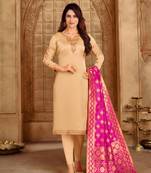 Beige & Pink Satin Georgette Embroidered Dress Material With Banarasi Dupatta