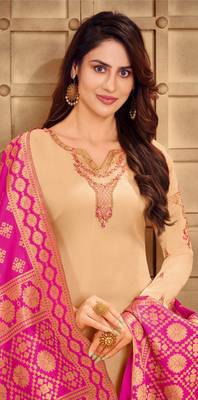 Beige & Pink Satin Georgette Embroidered Dress Material With Banarasi Dupatta 2
