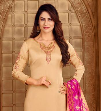 Beige & Pink Satin Georgette Embroidered Dress Material With Banarasi Dupatta 3