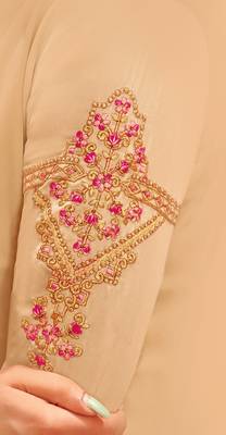 Beige & Pink Satin Georgette Embroidered Dress Material With Banarasi Dupatta 4