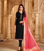 Black & Coral Satin Georgette Embroidered Dress Material With Banarasi Dupatta