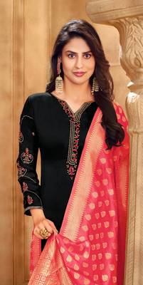 Black & Coral Satin Georgette Embroidered Dress Material With Banarasi Dupatta 2