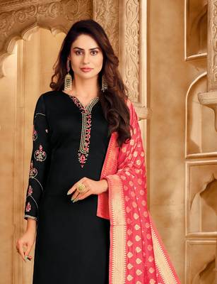 Black & Coral Satin Georgette Embroidered Dress Material With Banarasi Dupatta 3