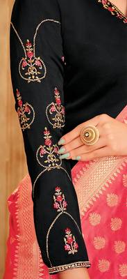 Black & Coral Satin Georgette Embroidered Dress Material With Banarasi Dupatta 4