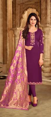 Magenta & Pink Satin Georgette Embroidered Dress Material With Banarasi Dupatta 1