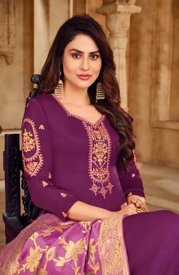 Magenta & Pink Satin Georgette Embroidered Dress Material With Banarasi Dupatta 2