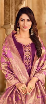 Magenta & Pink Satin Georgette Embroidered Dress Material With Banarasi Dupatta 3