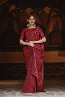 Red Embroidered Georgette Saree With Blouse