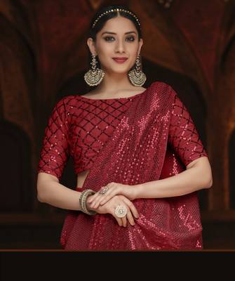 Red Embroidered Georgette Saree With Blouse 3