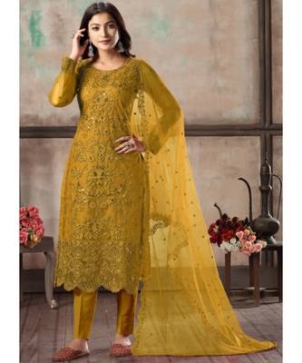 Mustard Net Pakistani Salwar Kameez 1