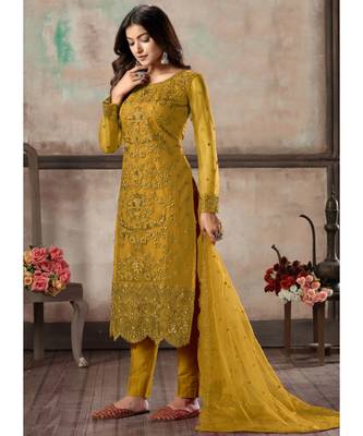 Mustard Net Pakistani Salwar Kameez 2