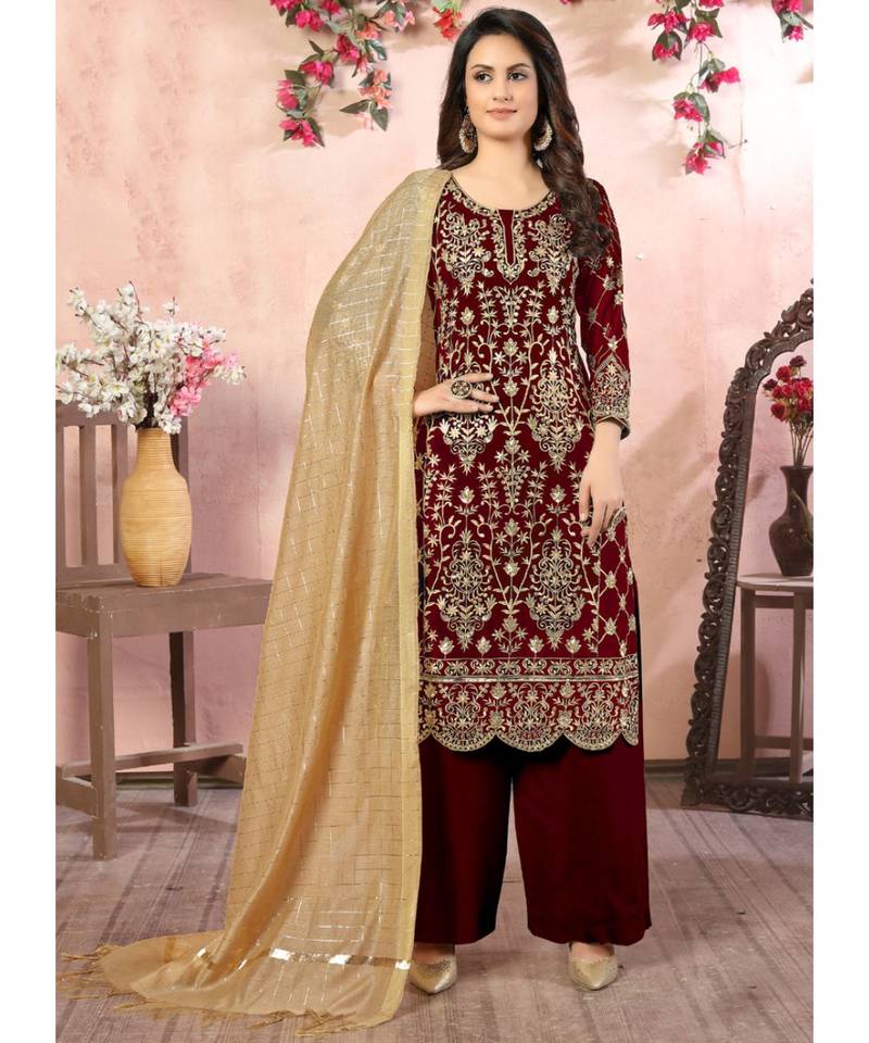 Maroon Georgette Pakistani Salwar Kameez