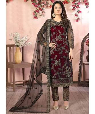 Maroon Net Pakistani Salwar Kameez 1