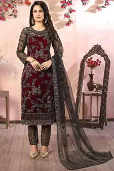 Maroon Net Pakistani Salwar Kameez