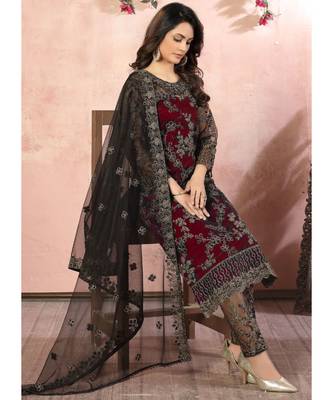 Maroon Net Pakistani Salwar Kameez 3