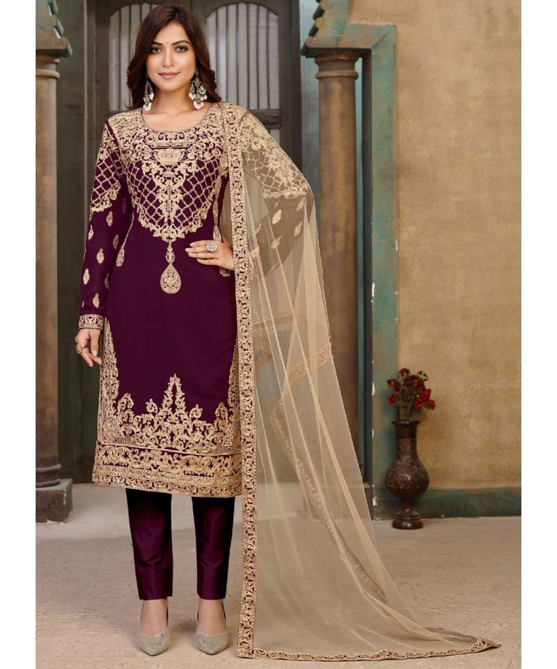 Wine Georgette Pakistani Salwar Kameez