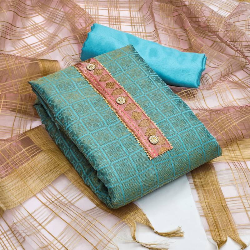 Sky-blue floral print banarasi salwar