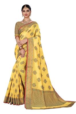 Yellow woven cotton saree with blouse 1