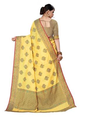 Yellow woven cotton saree with blouse 2