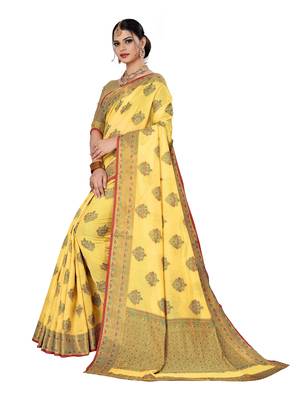 Yellow woven cotton saree with blouse 3