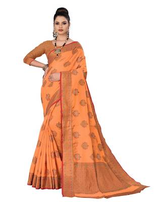 Orange woven cotton saree with blouse 1
