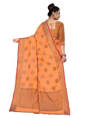 Orange woven cotton saree with blouse 2