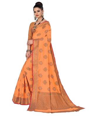 Orange woven cotton saree with blouse 3