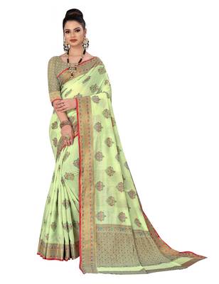 Light green woven cotton saree with blouse 1