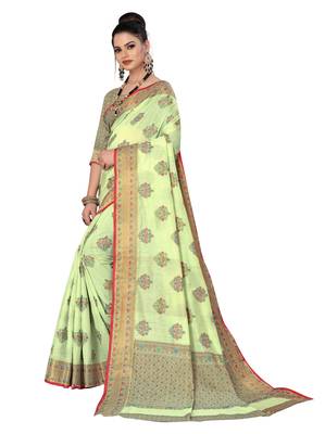 Light green woven cotton saree with blouse 3