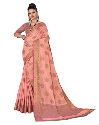 Pink woven cotton saree with blouse 1