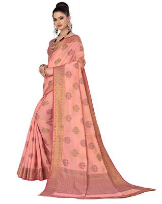 Pink woven cotton saree with blouse 3